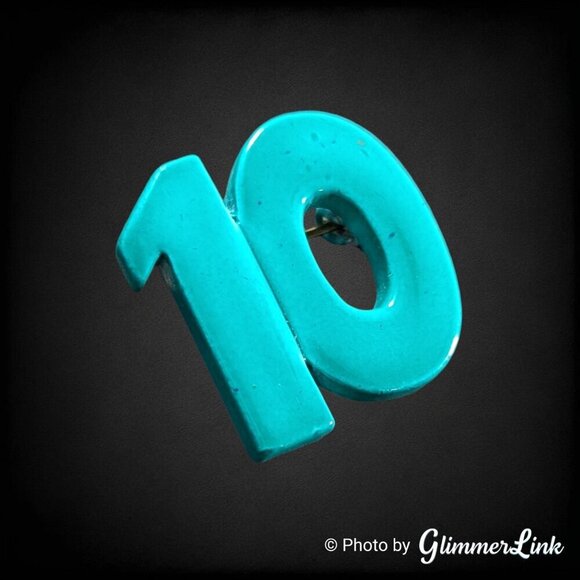 Teal Enamel Number Ten Metal Brooch Pin - Picture 2 of 8